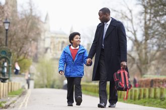 Walk Kids to School: Father Walking Son To School Along Path