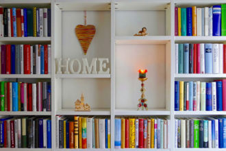 Home Library: Full books shelves and home decoration