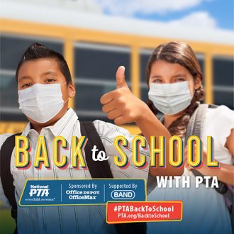 Back to School, Back to PTA! Kids celebrate by a school bus with a thumbs up!