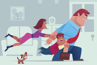 The Myth of the Uninvolved Parent: illustration of wife and son stopping father going to work.