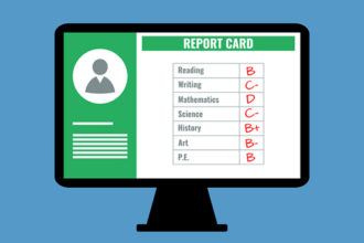 beyond the report card - online school report card with B C D grades, flat design vector illustration
