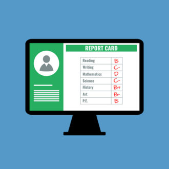 beyond the report card - online school report card with B C D grades, flat design vector illustration