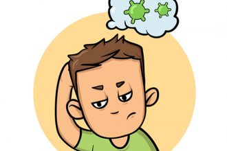 Worried boy thinking about viruses. Coronavirus prevention, world quarantine. Cartoon design icon. Colorful flat vector illustration, isolated on white background.