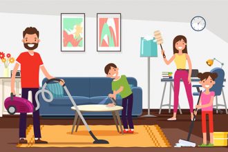 Prevent the spread of COVID-19. Parents and Children Happily Clean Apartment. Mom Wipes Dust from Furniture. Son Polishes Table. Daughter Washes Floor. Father Vacuuming Carpet.