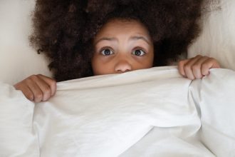 Scared cute little african kid girl looking at camera lying in bed cover with blanket, surprised small black child peeking from duvet wake from bad dream sleep feel fear afraid of nightmare, top view, stress