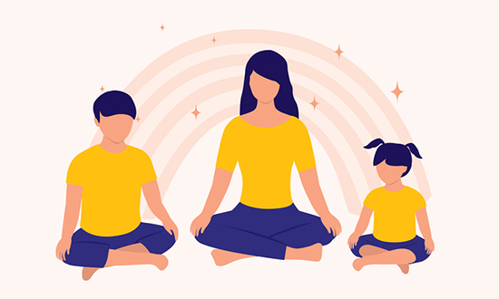 How to Add Mindfulness to Your Child’s Day; Mother With Two Children Sitting Cross-Legged Doing Meditation Together. Full Length, Isolated On Rainbow Abstract Background. Vector, Illustration, Flat Design, Character.
