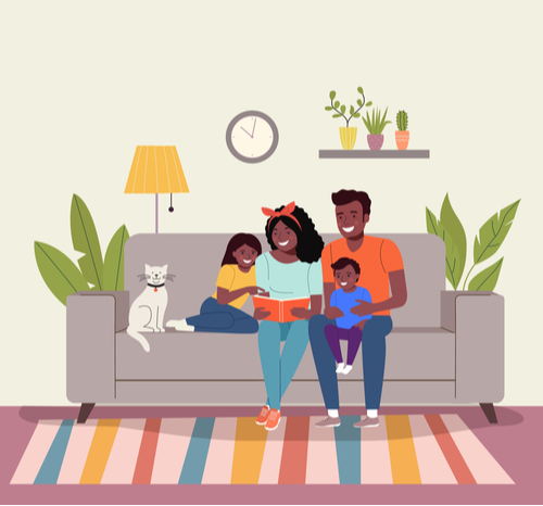 Mom and dad parenting spending time together with children and cat